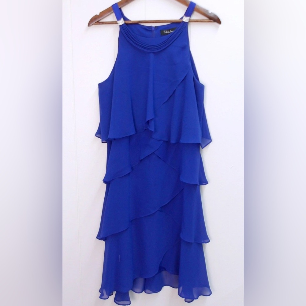S.L. Fashions Royal Blue ChiffonTiered Rhinestone Shoulder Dress (Size 12)